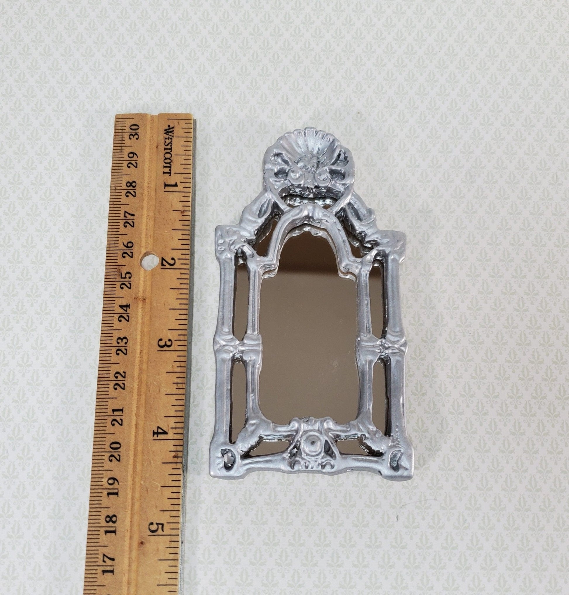 Dollhouse Large Mirror Baroque Style Silver 1:12 Scale Miniature 4 1/8" tall - Miniature Crush