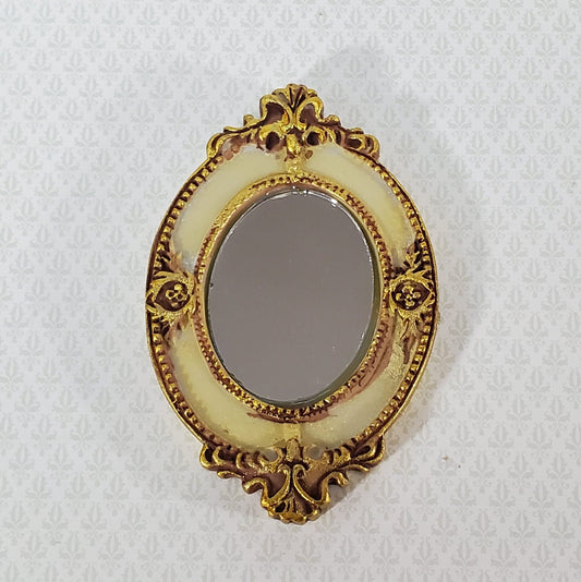 Dollhouse Large Mirror Oval Ornate Gold Cream Miniature Decor 3 5/16" x 2 1/8" - Miniature Crush