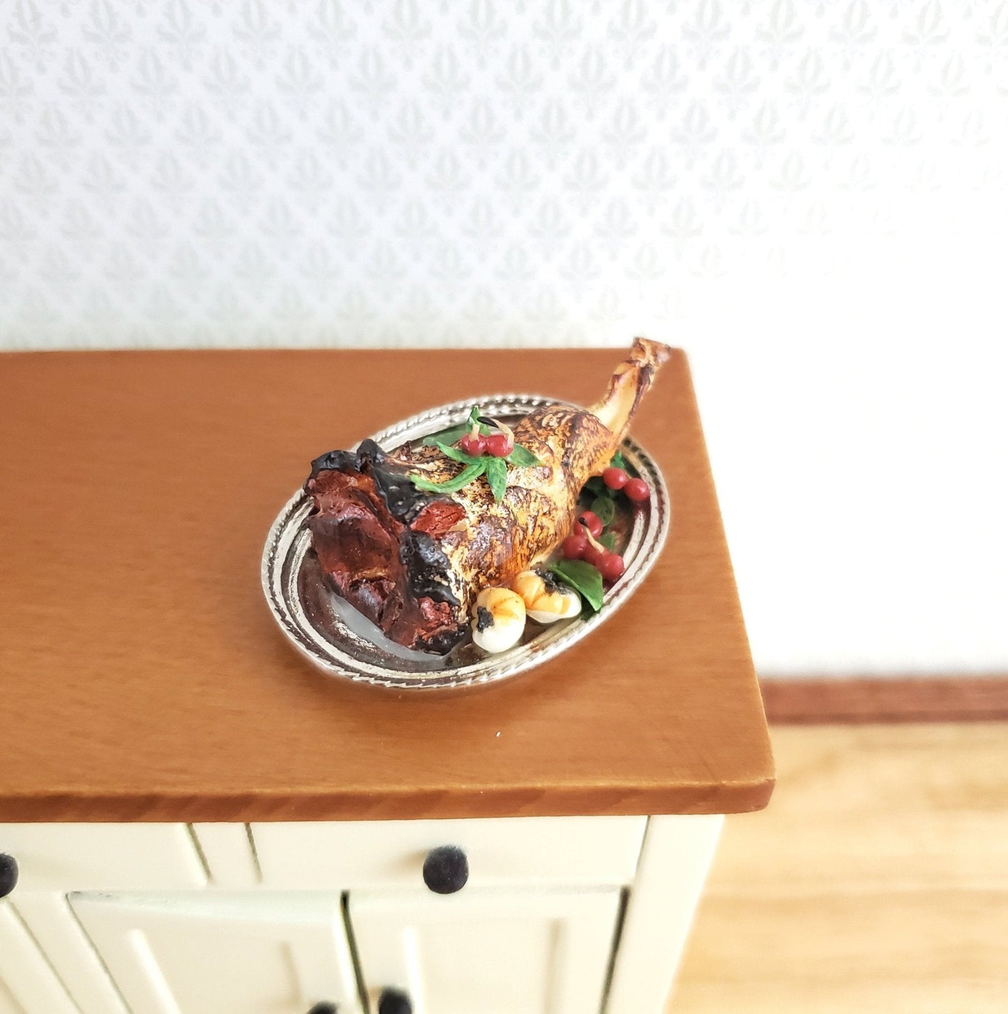 Dollhouse Leg of Lamb Roast on Silver Tray 1:12 Scale Food Miniature Kitchen Falcon - Miniature Crush