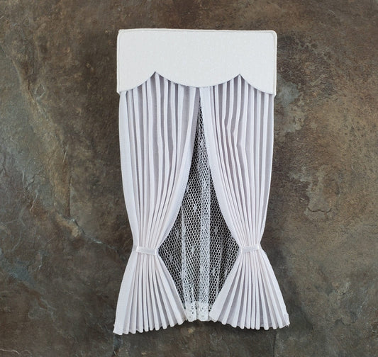 Dollhouse Long Curtains Pleated WHITE with Cornice and Lace 1:12 Scale Handmade - Miniature Crush