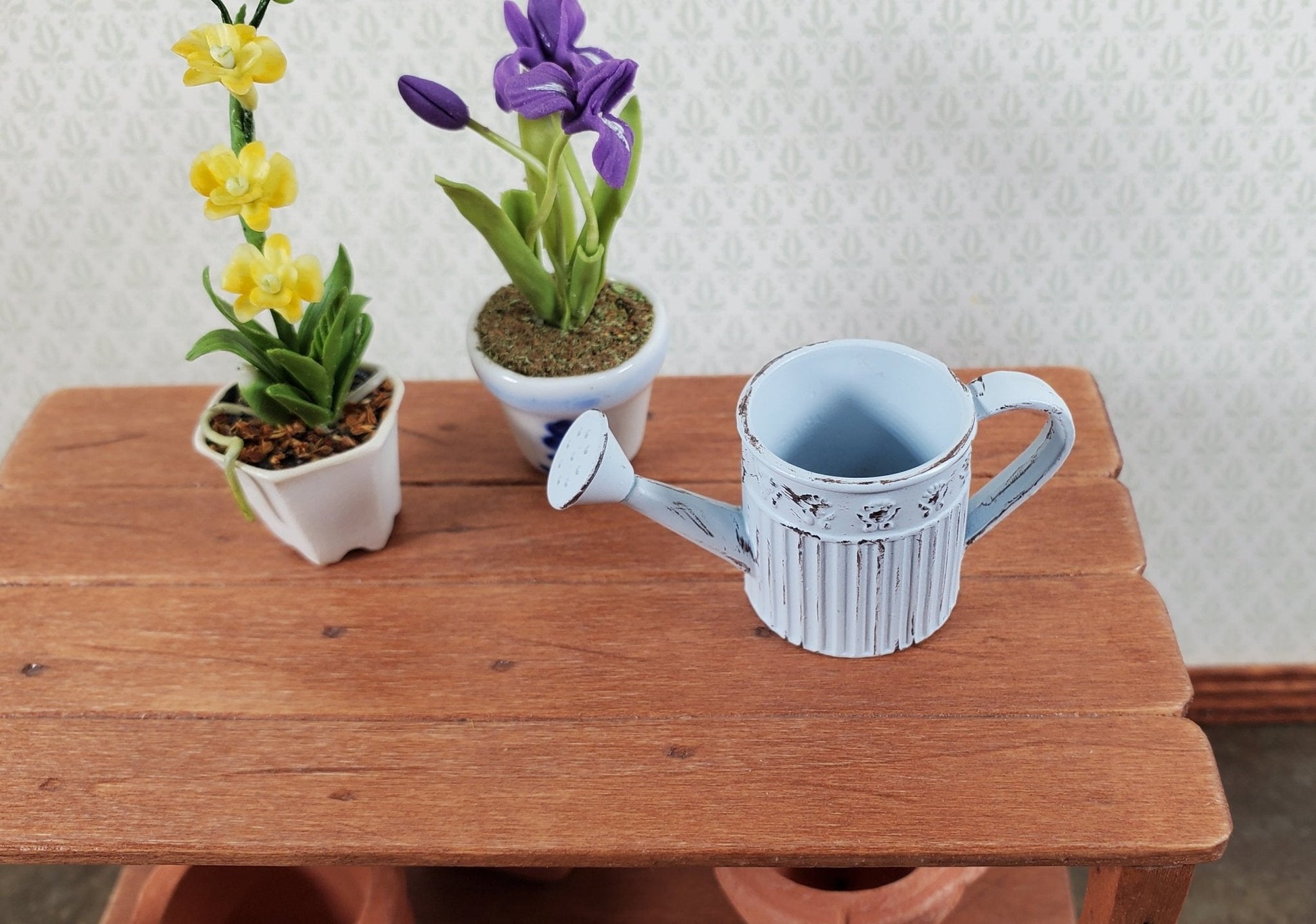 Dollhouse Metal Watering Can with Handle Pale Blue 1:12 Scale Miniature Garden Accessories - Miniature Crush
