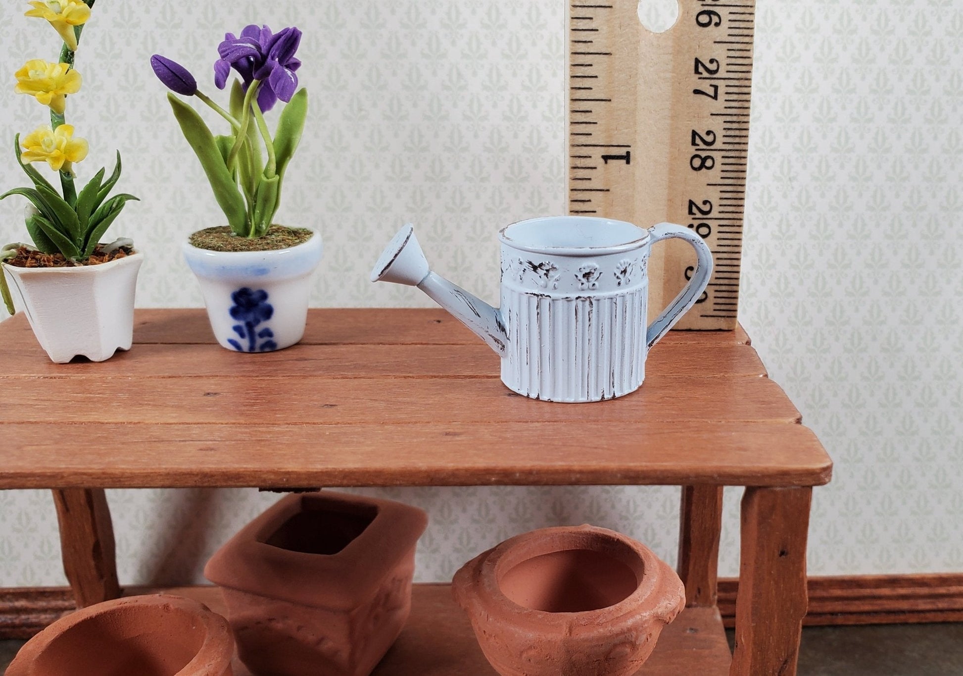 Dollhouse Metal Watering Can with Handle Pale Blue 1:12 Scale Miniature Garden Accessories - Miniature Crush