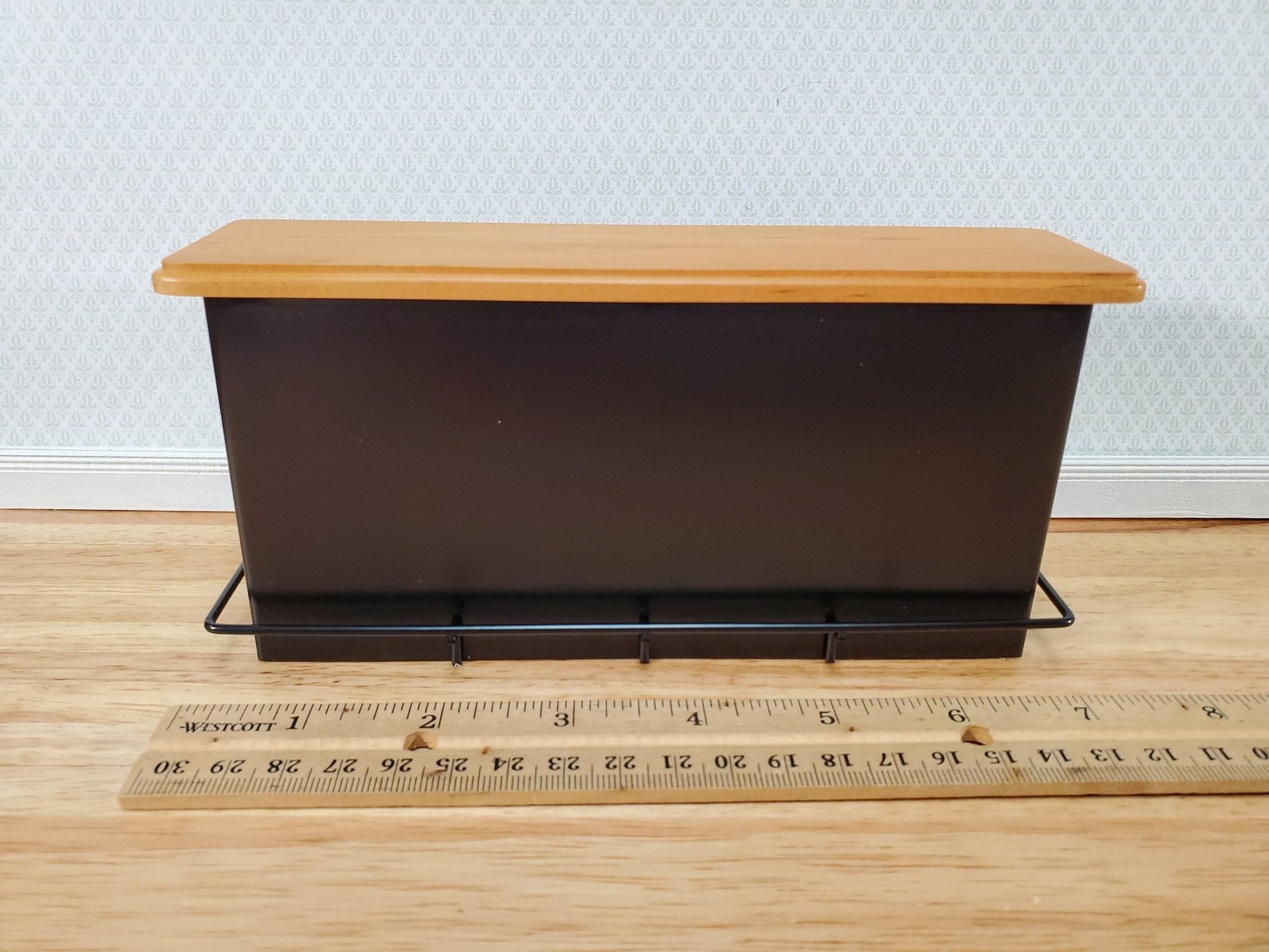 Dollhouse Miniature Bar Counter 3 Stools Black Metal & Oak Wood 1:12 Scale Large - Miniature Crush