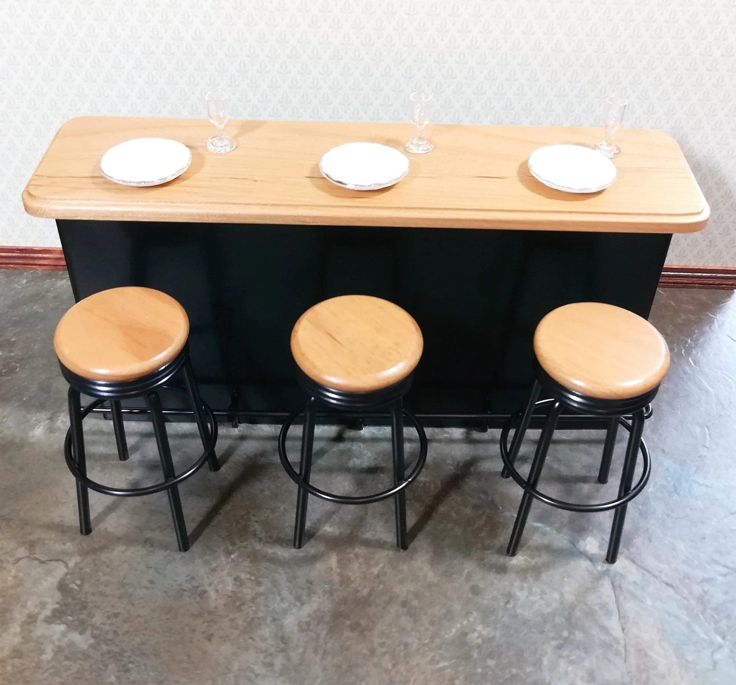 Dollhouse Miniature Bar Counter 3 Stools Black Metal & Oak Wood 1:12 Scale Large - Miniature Crush