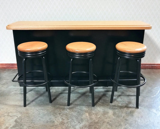 Dollhouse Miniature Bar Counter 3 Stools Black Metal & Oak Wood 1:12 Scale Large - Miniature Crush