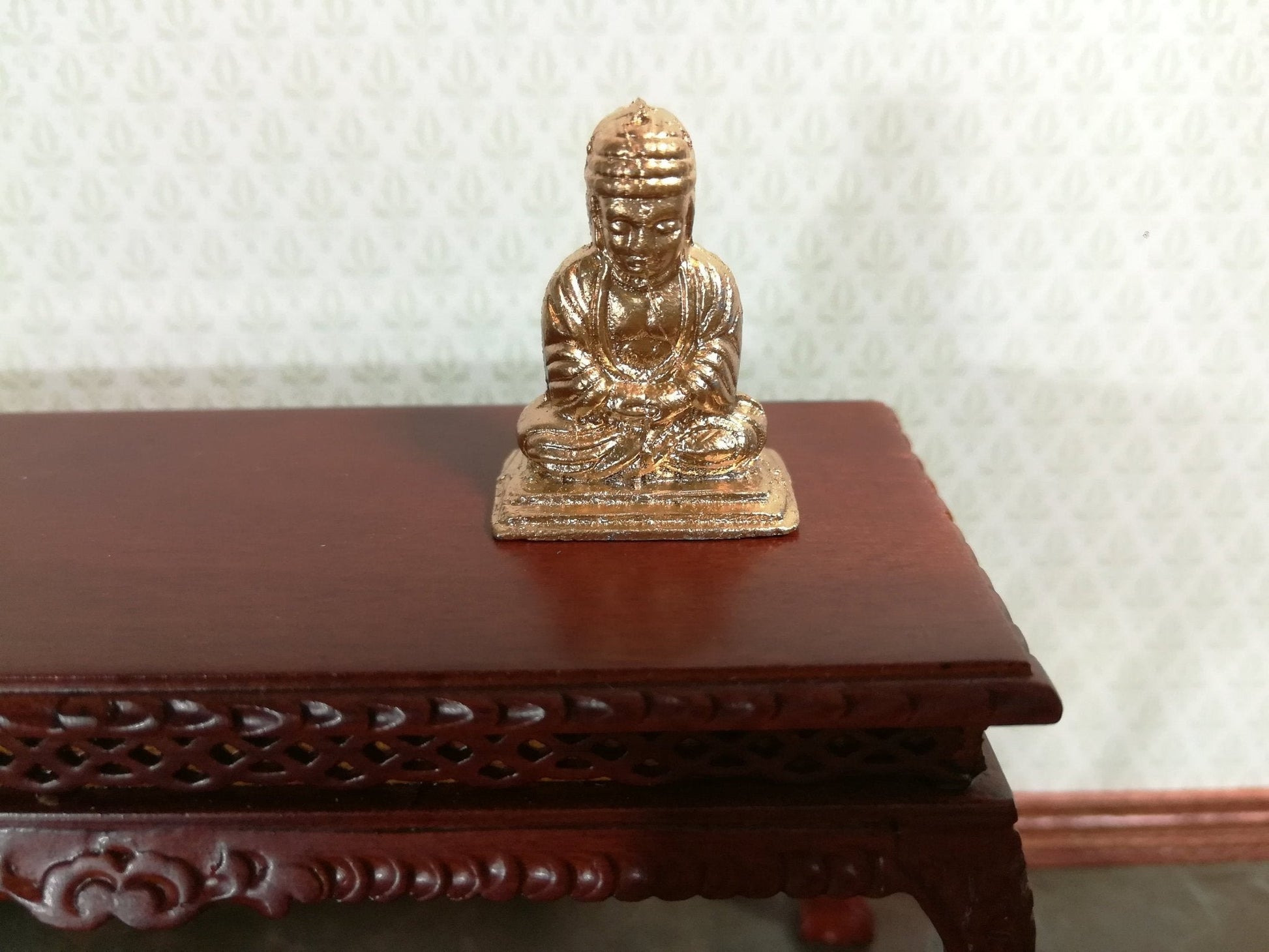Dollhouse Miniature Buddha Statue Small Gold Tone Metal Statue 1:12 Scale - Miniature Crush
