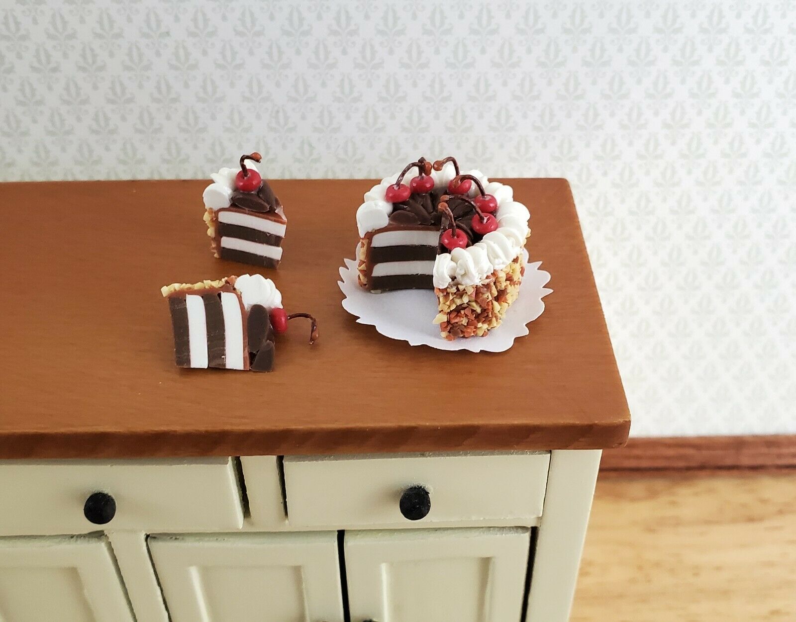 Dollhouse Miniature Cake with 3 Pieces Chocolate Cherry 1:12 Scale Dessert Food - Miniature Crush
