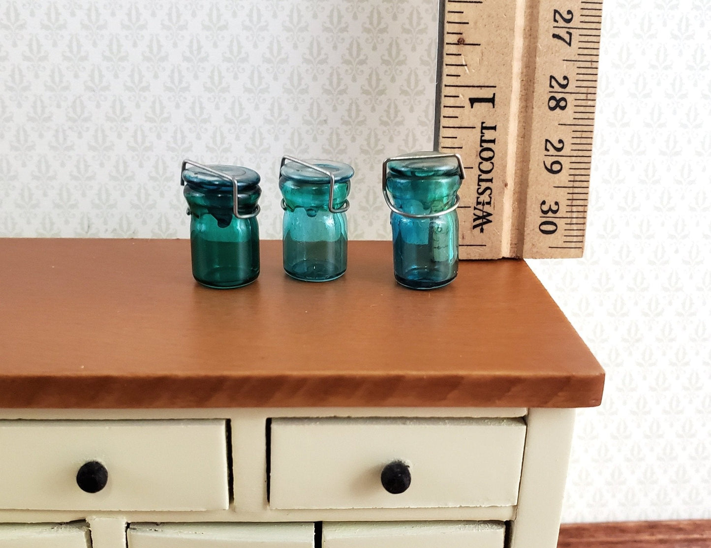 Dollhouse Miniature Canning Jars Glass Aqua with Lids Set of 3 Medium 1:12 Scale - Miniature Crush