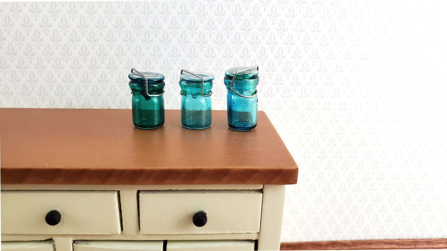 Dollhouse Miniature Canning Jars Glass Aqua with Lids Set of 3 Medium 1:12 Scale - Miniature Crush