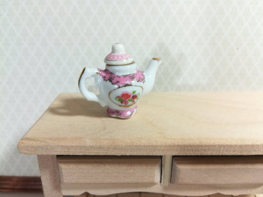 Dollhouse Miniature Ceramic Fancy Pink & White Teapot with Removable Lid 1:12 Scale - Miniature Crush