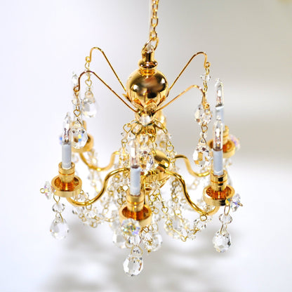 Dollhouse Miniature Chandelier 6 Arm Crystal Pendants 12 Volt Electric 1:12 Scale - Miniature Crush