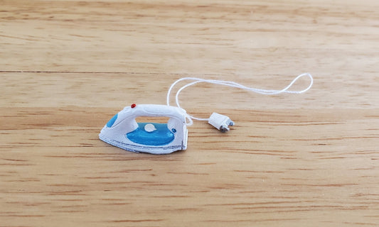 Dollhouse Miniature Clothes Iron Modern Style White Blue with Plug 1:12 Scale - Miniature Crush