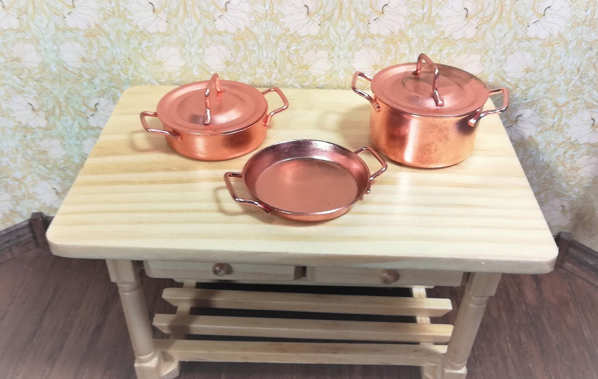Dollhouse Miniature Copper Pots & Pans Stock Soup Saute Removable Lids 1:12 Scale - Miniature Crush