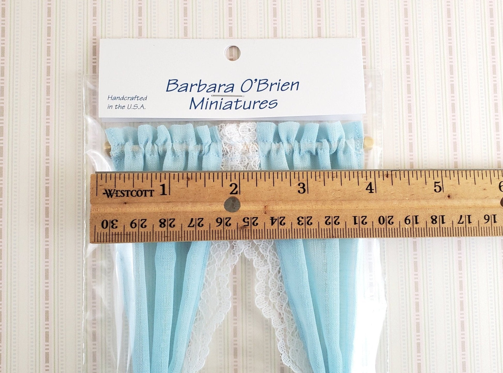 Dollhouse Miniature Curtains Light Blue with Lace & Curtain Rod 1:12 Scale Handmade - Miniature Crush