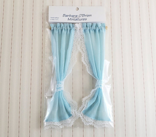 Dollhouse Miniature Curtains Light Blue with Lace & Curtain Rod 1:12 Scale Handmade - Miniature Crush