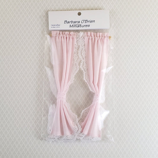 Dollhouse Miniature Curtains Pink with Lace & Curtain Rod 1:12 Scale Handmade - Miniature Crush