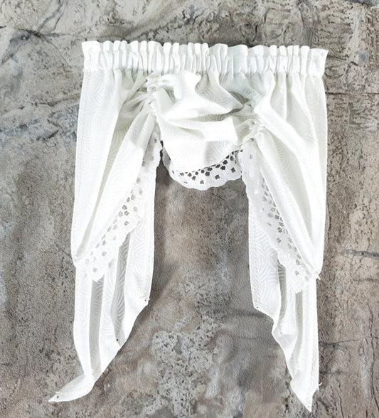 Dollhouse Miniature Curtains with Valance White with Scallop Print 1:12 Scale Handmade - Miniature Crush