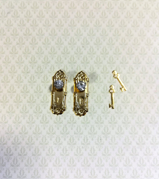 Dollhouse Miniature Doorknob Plates Gold with Crystal Knobs & Keyhole 1:12 Scale - Miniature Crush