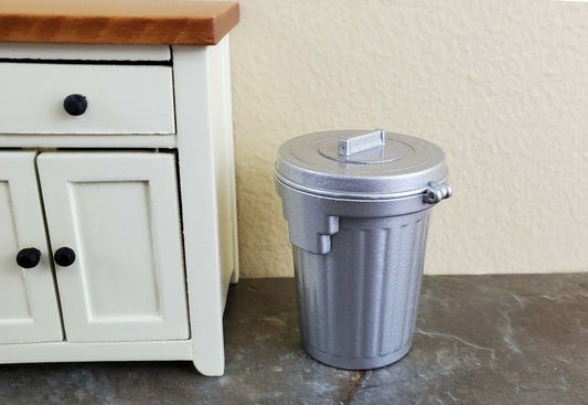 Dollhouse Miniature Garbage Can Waste Paper Baskets Metal Opening Lid 1:12 Scale - Miniature Crush