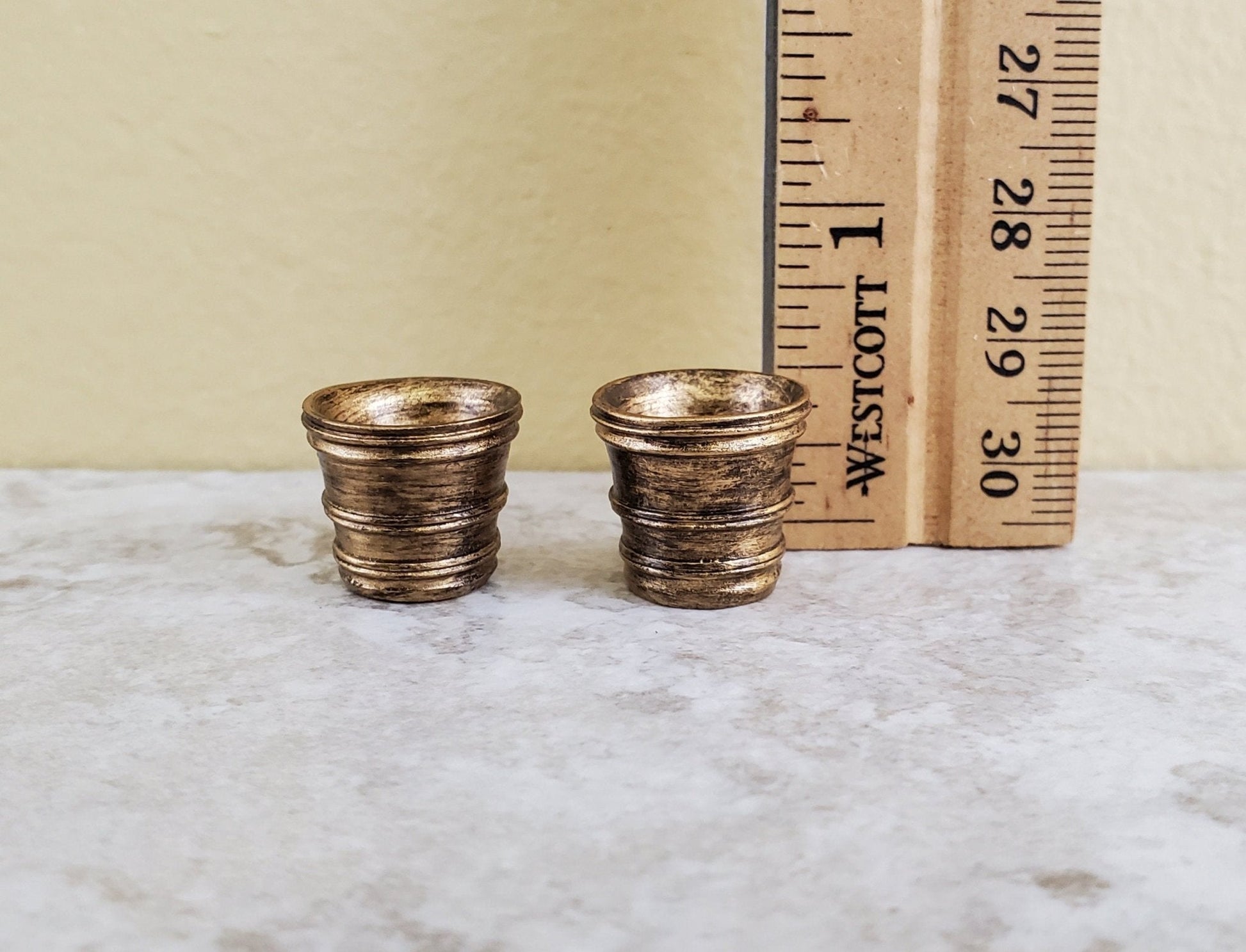 Dollhouse Miniature Garden Pots Small Aged Gold Finish Planters x2 1:12 Scale A4097GD by Falcon - Miniature Crush