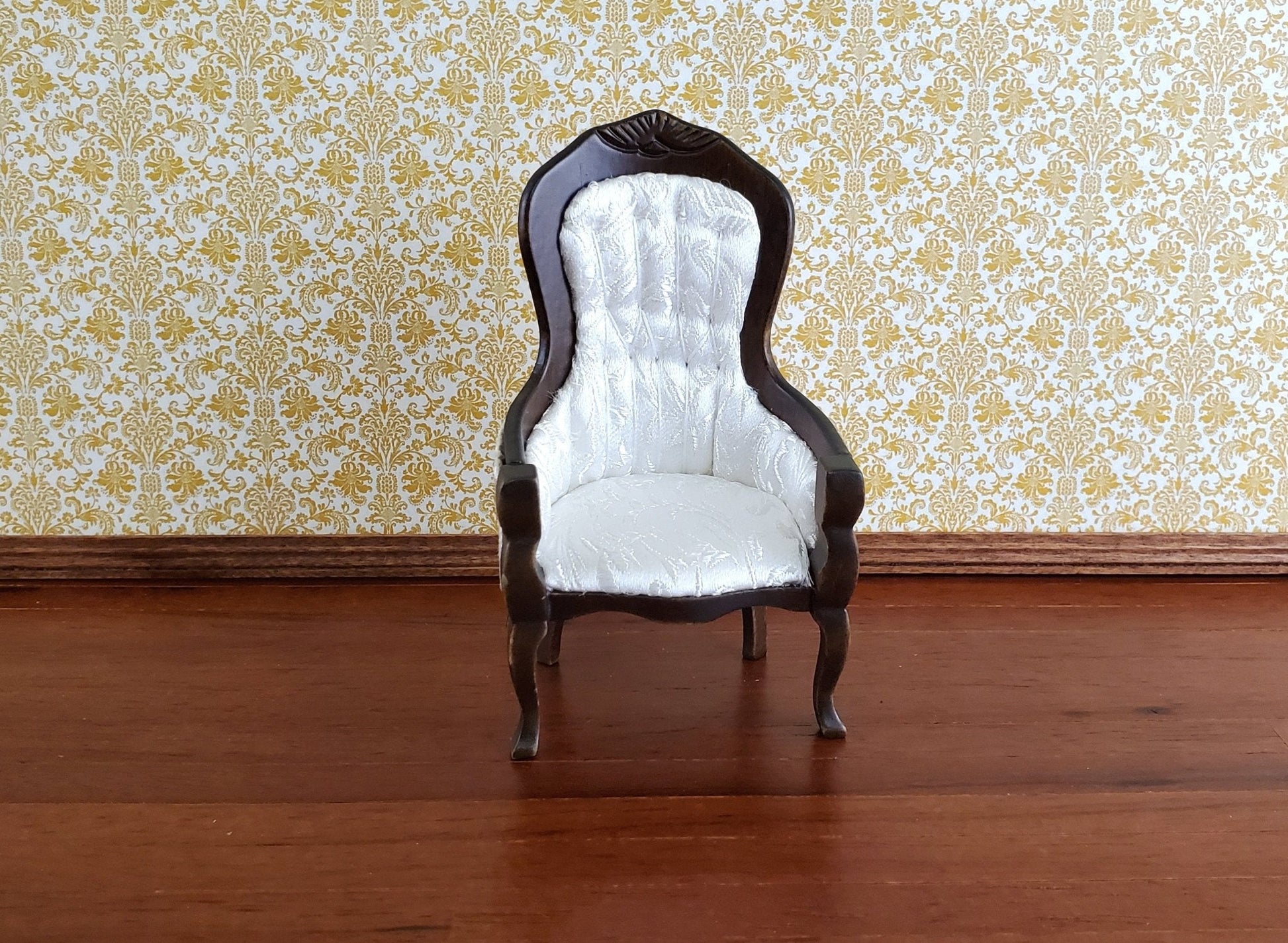 Dollhouse Miniature Gentlemen's Chair Victorian White Dark Walnut Finish 1:12 Scale Furniture - Miniature Crush