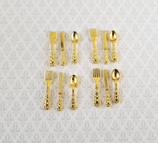 Dollhouse Miniature Gold Flatware Fork Spoon Knife Fancy 4 Place Settings 1:12 Scale - Miniature Crush