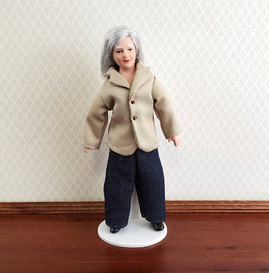Dollhouse Miniature Grandma Porcelain Doll Modern Style with Jeans 1:12 Scale - Miniature Crush
