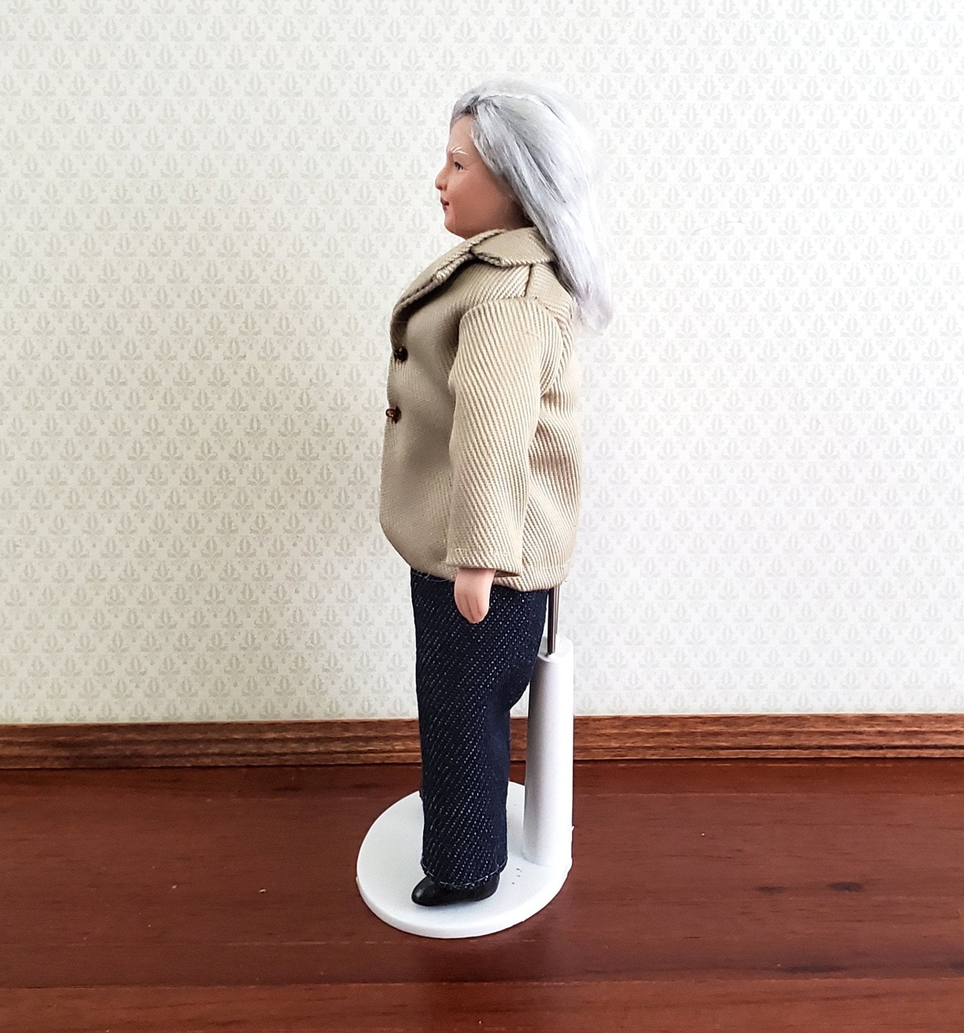 Dollhouse Miniature Grandma Porcelain Doll Modern Style with Jeans 1:12 Scale - Miniature Crush