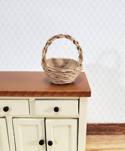 Dollhouse Miniature Large Basket Natural Fiber Round with Handle - Miniature Crush