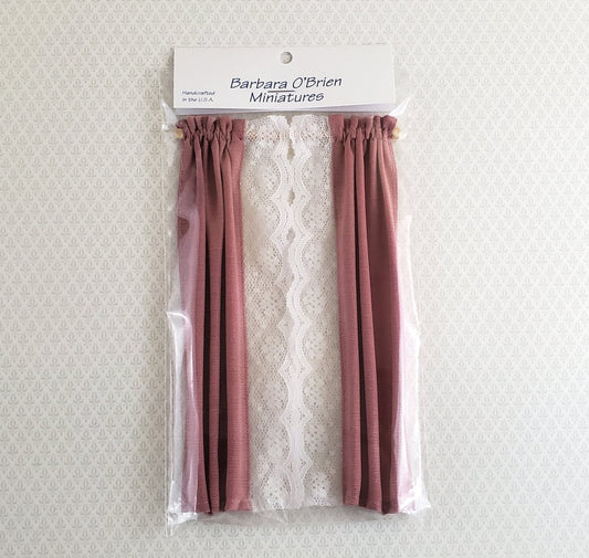 Dollhouse Miniature Long Curtains with Lace Dusty Rose with Rod 1:12 Scale Handmade - Miniature Crush