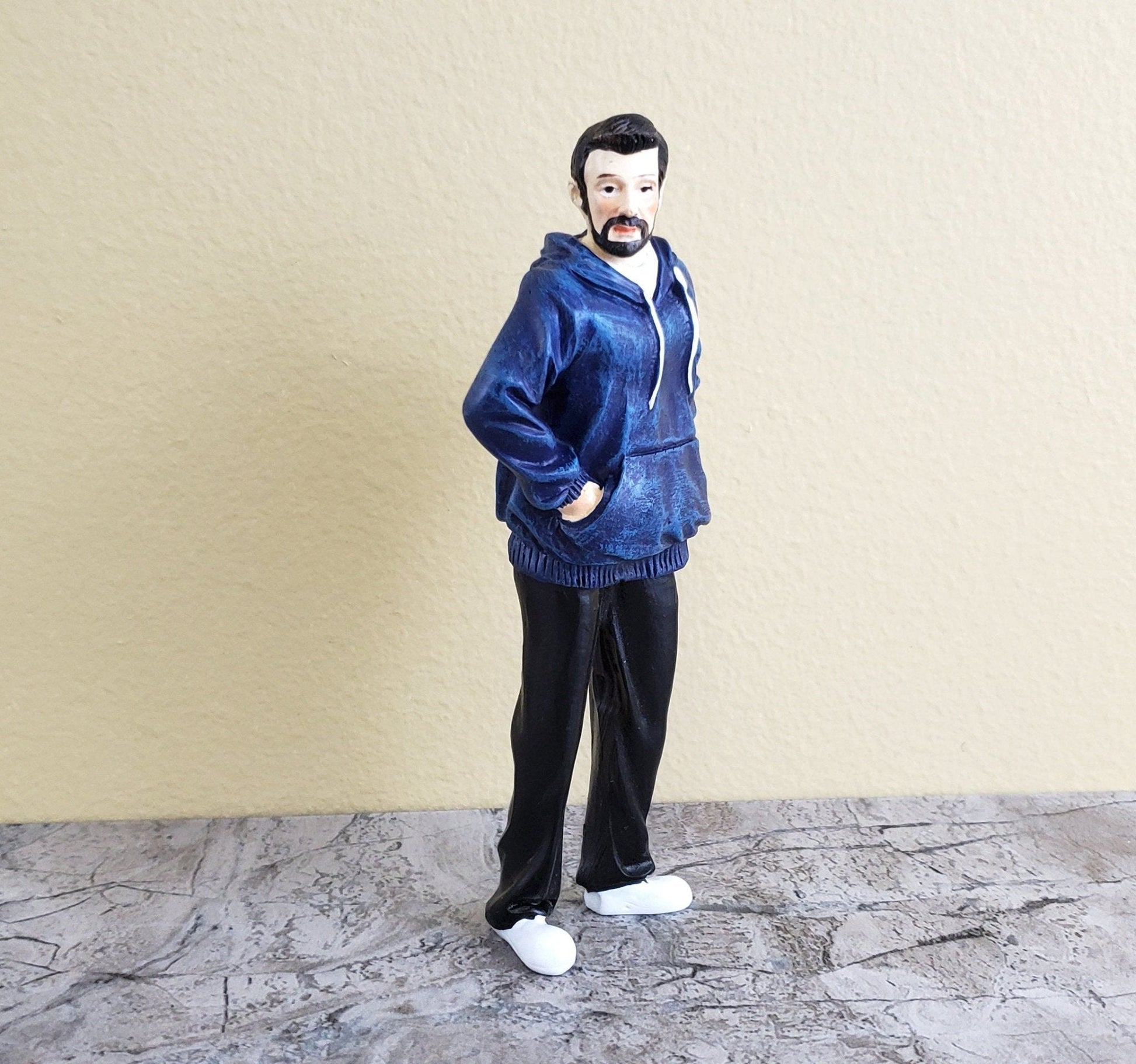 Dollhouse Miniature Man Modern Father Dad Standing Beard Blue Hoodie 1:12 Scale - Miniature Crush