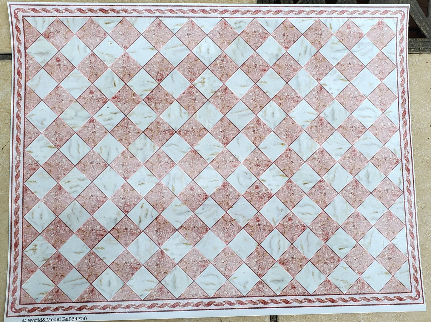 Dollhouse Miniature Marble Tile Floor Card Pink Rose with Border 1:12 Scale World Model - Miniature Crush