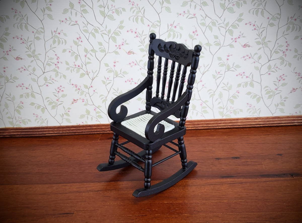 Mini Antique Rocking Chair Dollhouse Miniature Rocking Chair Wood Black Finish 1:12 Scale ...
