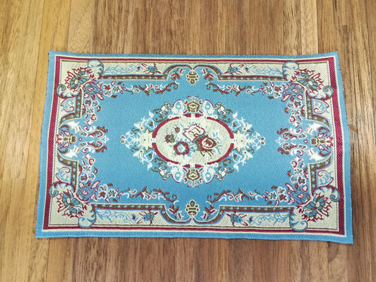 Dollhouse Miniature Rug Blue & Maroon Victorian 5 5/8" x 4" 1:12 Scale Woven Fabric - Miniature Crush