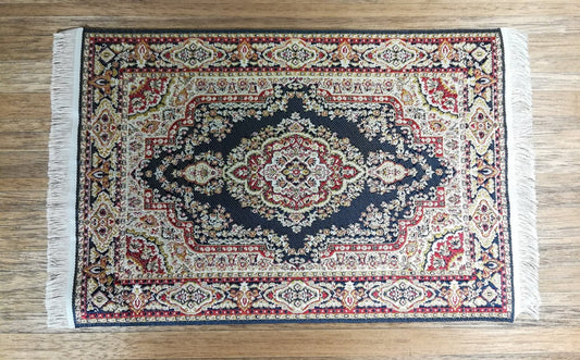 Dollhouse Miniature Rug Large Navy Blue & Gold 8 1/2" x 5 5/8" with Fringe 1:12 Scale - Miniature Crush