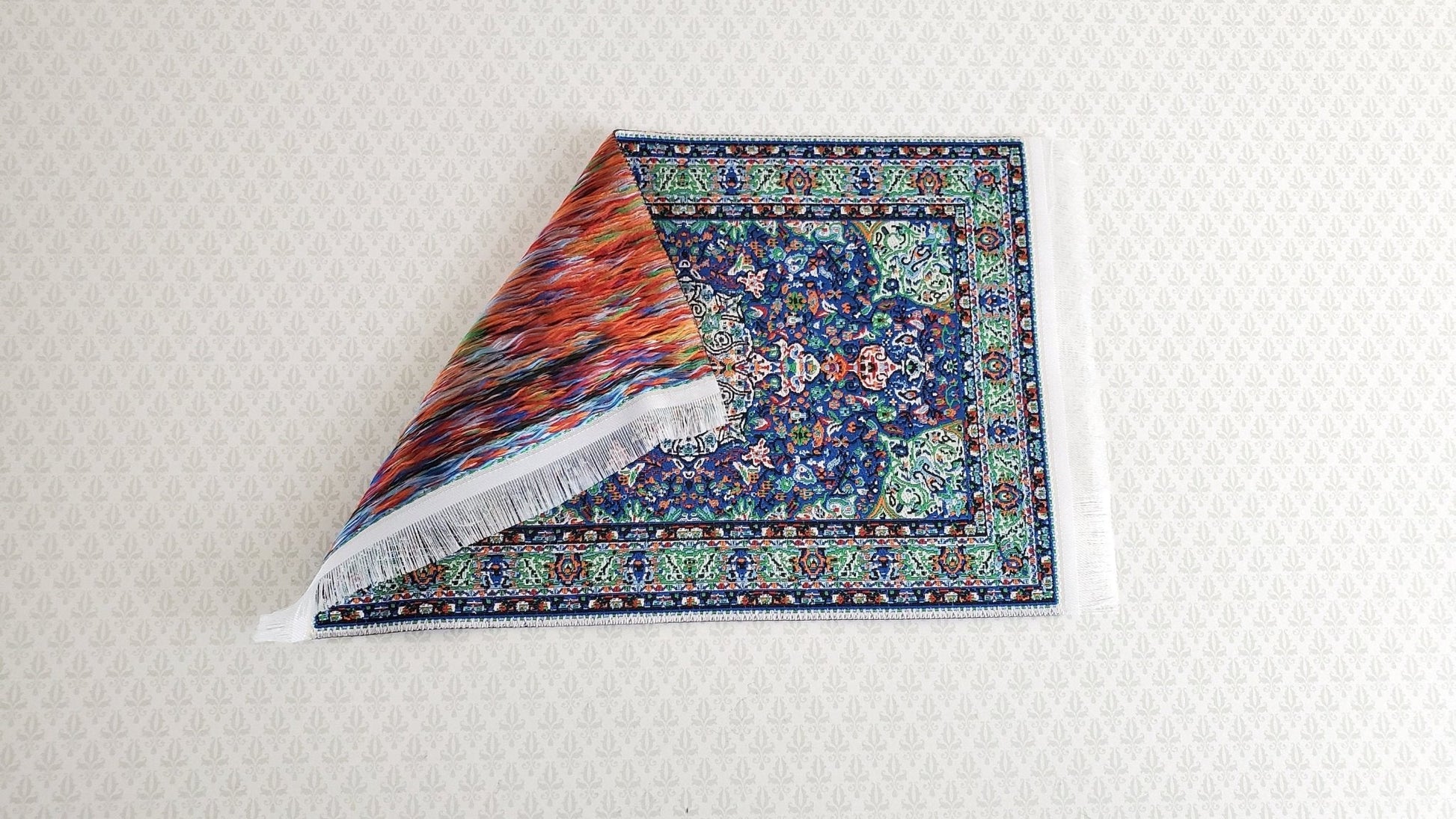 Dollhouse Miniature Rug Small Blue Green 6 1/4" x 3 3/4" with Fringe 1:12 Scale - Miniature Crush