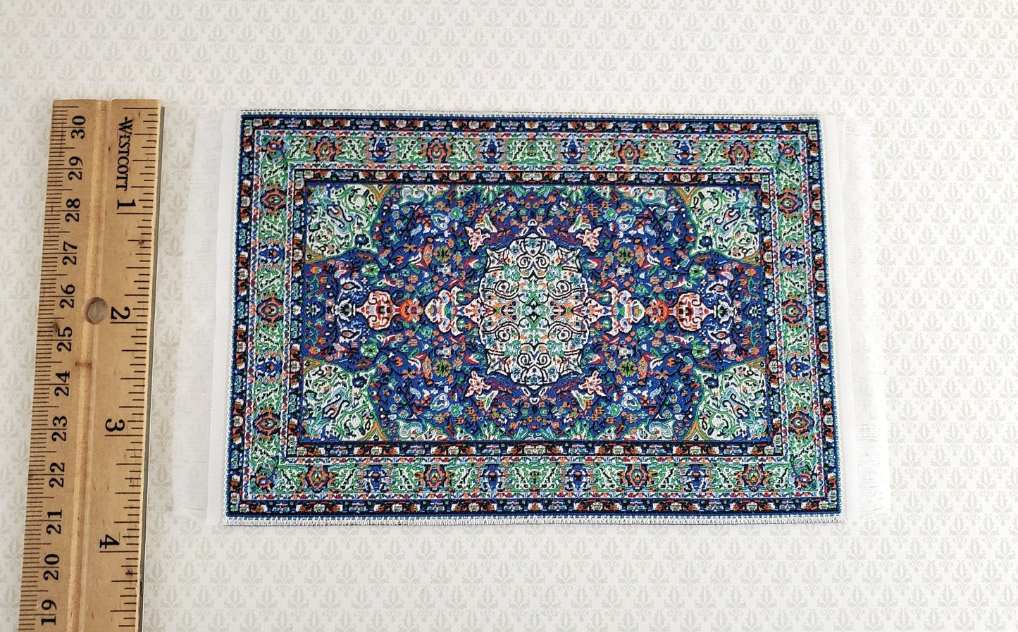 Dollhouse Miniature Rug Small Blue Green 6 1/4" x 3 3/4" with Fringe 1:12 Scale - Miniature Crush