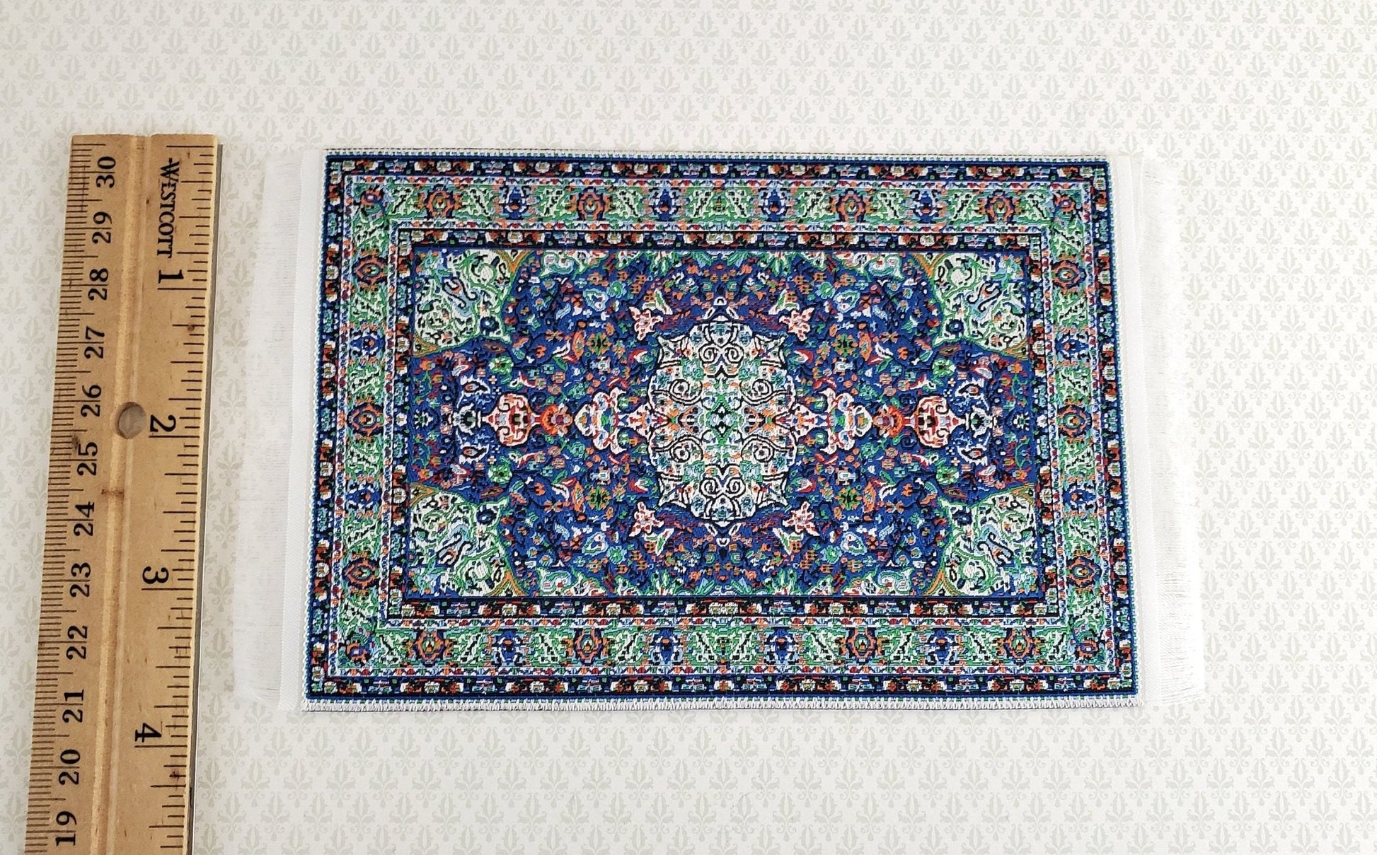 Dollhouse Miniature Rug Small Blue Green 6 1/4" x 3 3/4" with Fringe 1:12 Scale - Miniature Crush