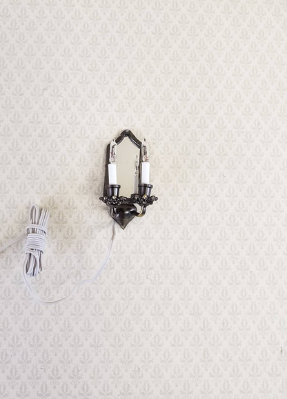 Dollhouse Miniature Sconce Double Candle with Mirror Bronze 12 Volt 1:12 Tudor Victorian - Miniature Crush