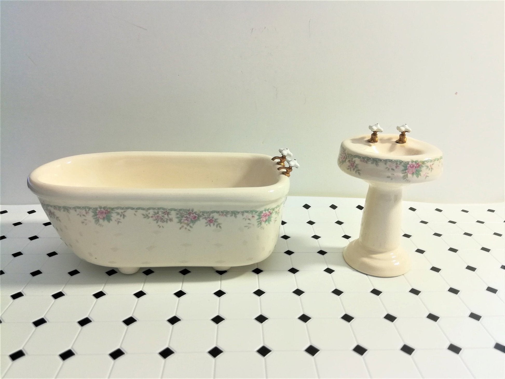 Dollhouse Miniature Tile Flooring White with Black Diamonds Embossed 1:12 Scale for Kitchen or Bathroom - Miniature Crush