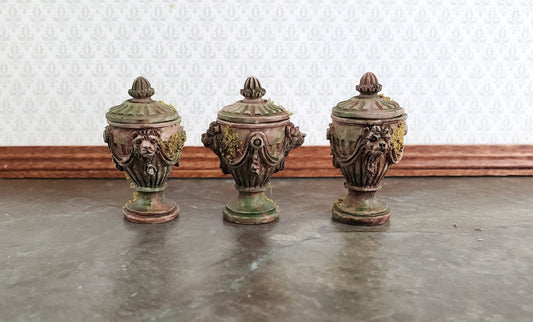 Dollhouse Miniature Urns Lion Head Classical with Lids Resin x3 1:12 Scale Bronze w/Moss - Miniature Crush