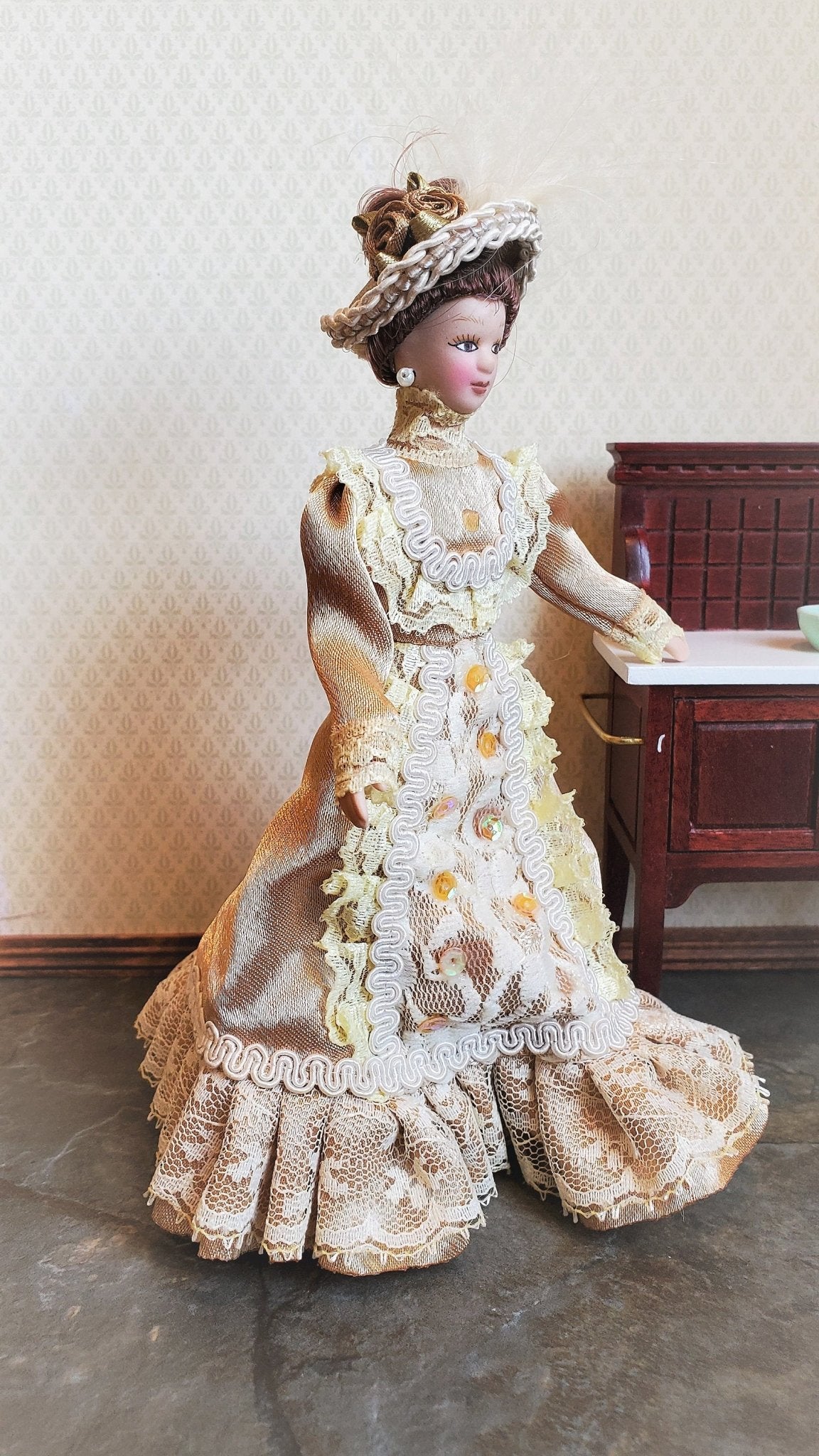 Dollhouse Miniature Victorian Doll Porcelain Fancy Lace Dress and Hat 1:12 Scale - Miniature Crush