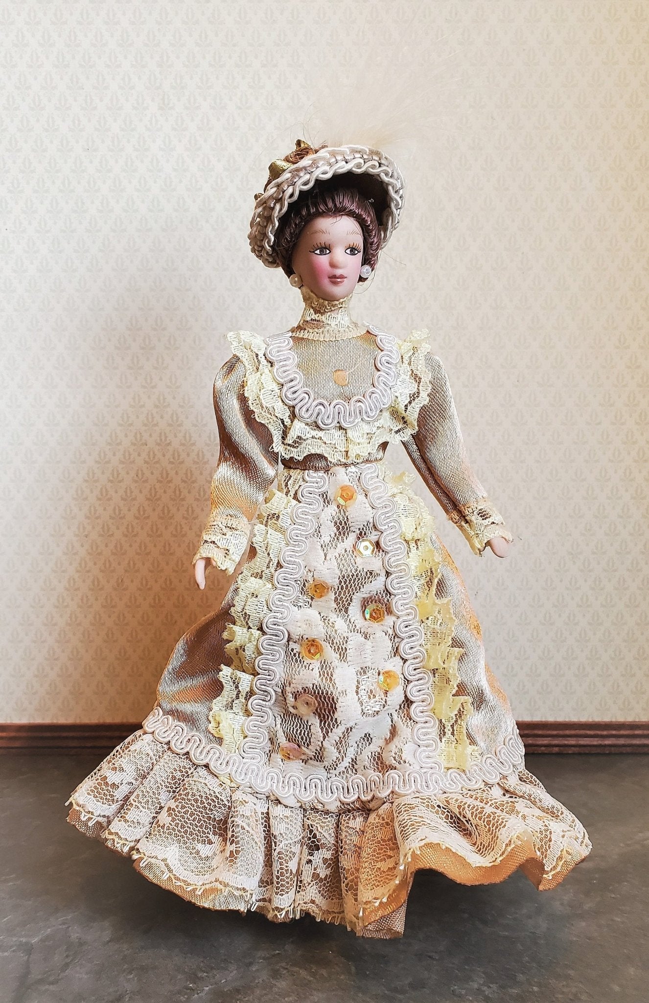 Dollhouse Miniature Victorian Doll Porcelain Fancy Lace Dress and Hat 1:12 Scale - Miniature Crush