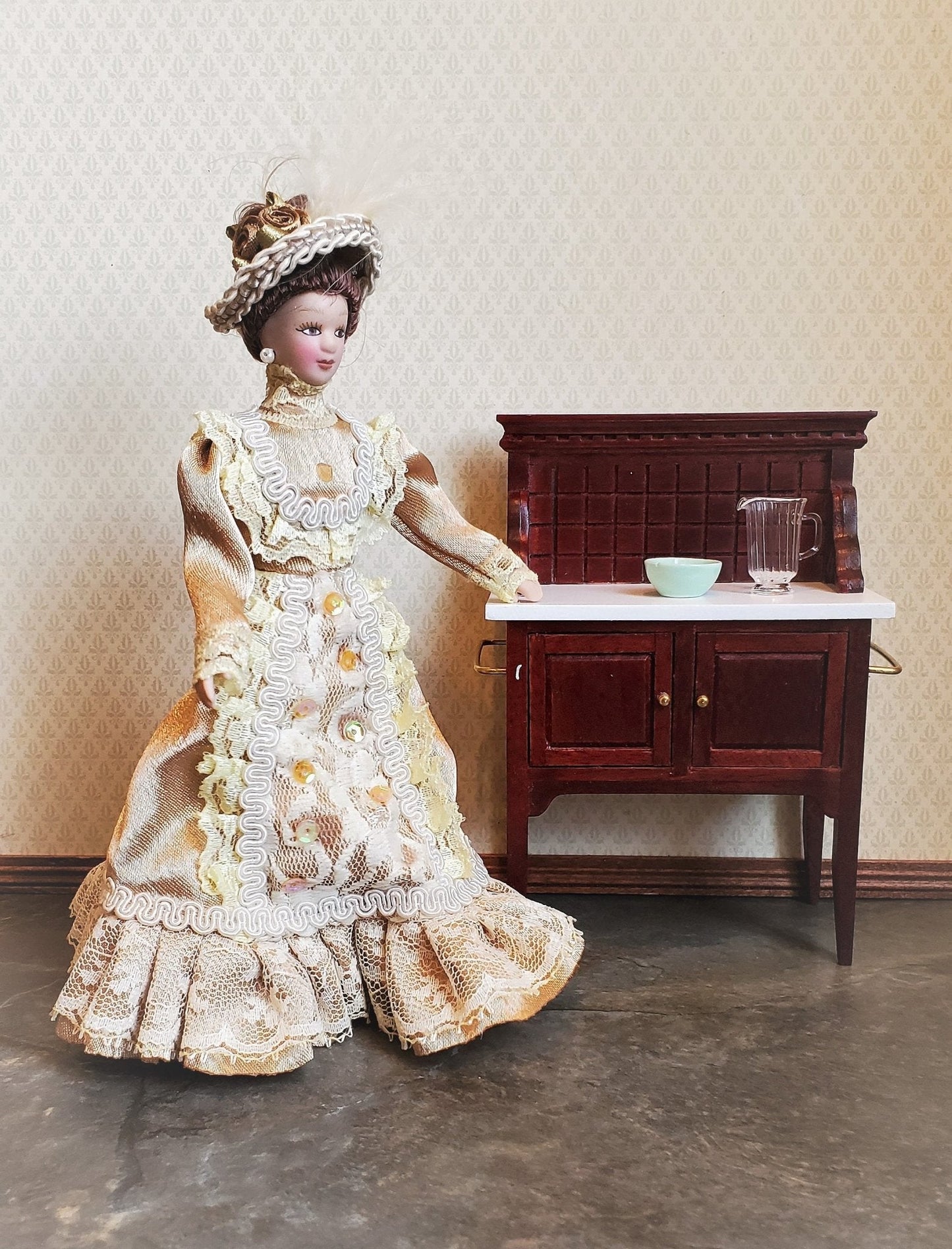 Dollhouse Miniature Victorian Doll Porcelain Fancy Lace Dress and Hat 1:12 Scale - Miniature Crush