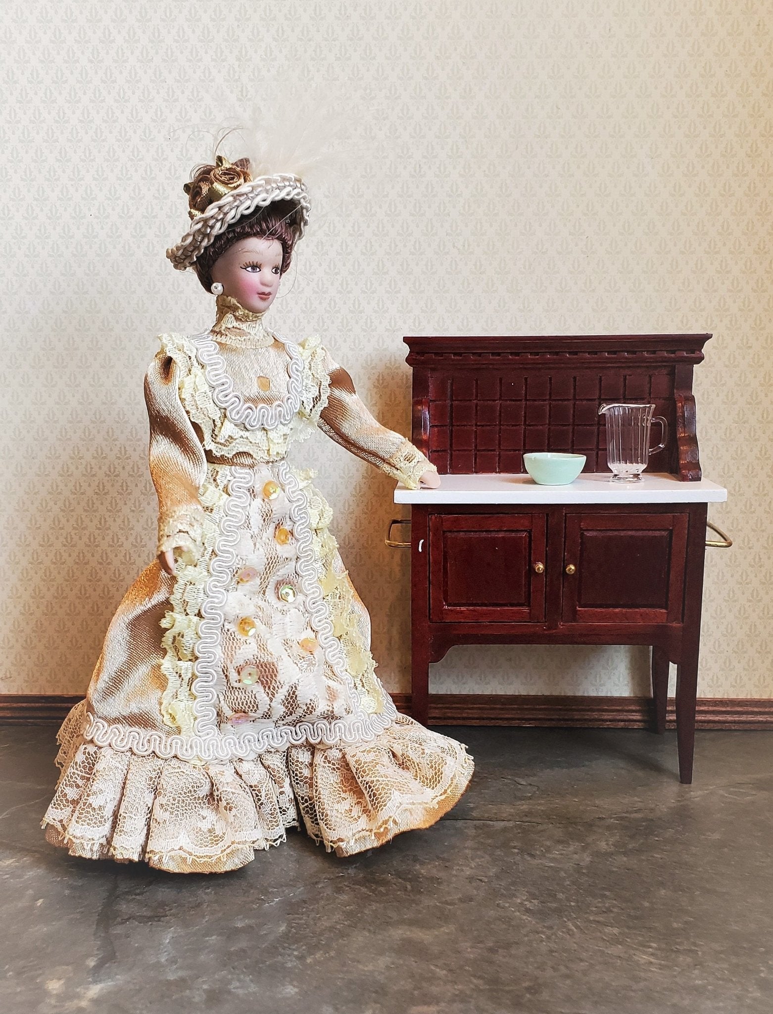 Dollhouse Miniature Victorian Doll Porcelain Fancy Lace Dress and Hat 1:12 Scale - Miniature Crush