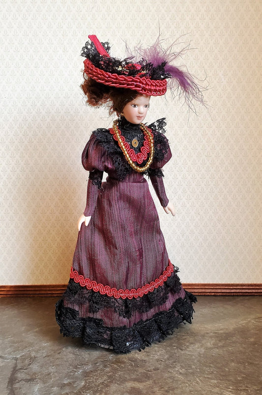Dollhouse Miniature Victorian Doll Porcelain Fancy Maroon Dress and Hat 1:12 Scale - Miniature Crush