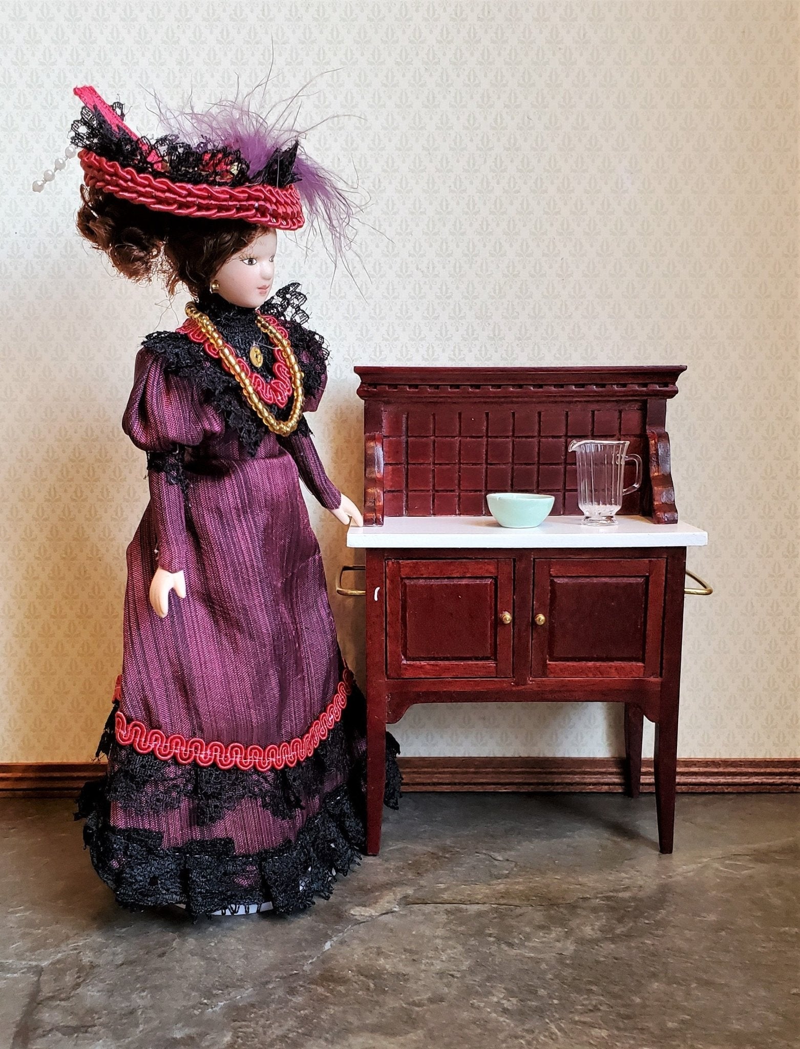 Dollhouse Victorian Doll Porcelain Fancy Maroon Dress and Hat 1:12 Sca Miniatures.com Dollhouse Victorian Doll Porcelain Fancy Maroon Dress and Hat 1:12 Sca Miniatures.com