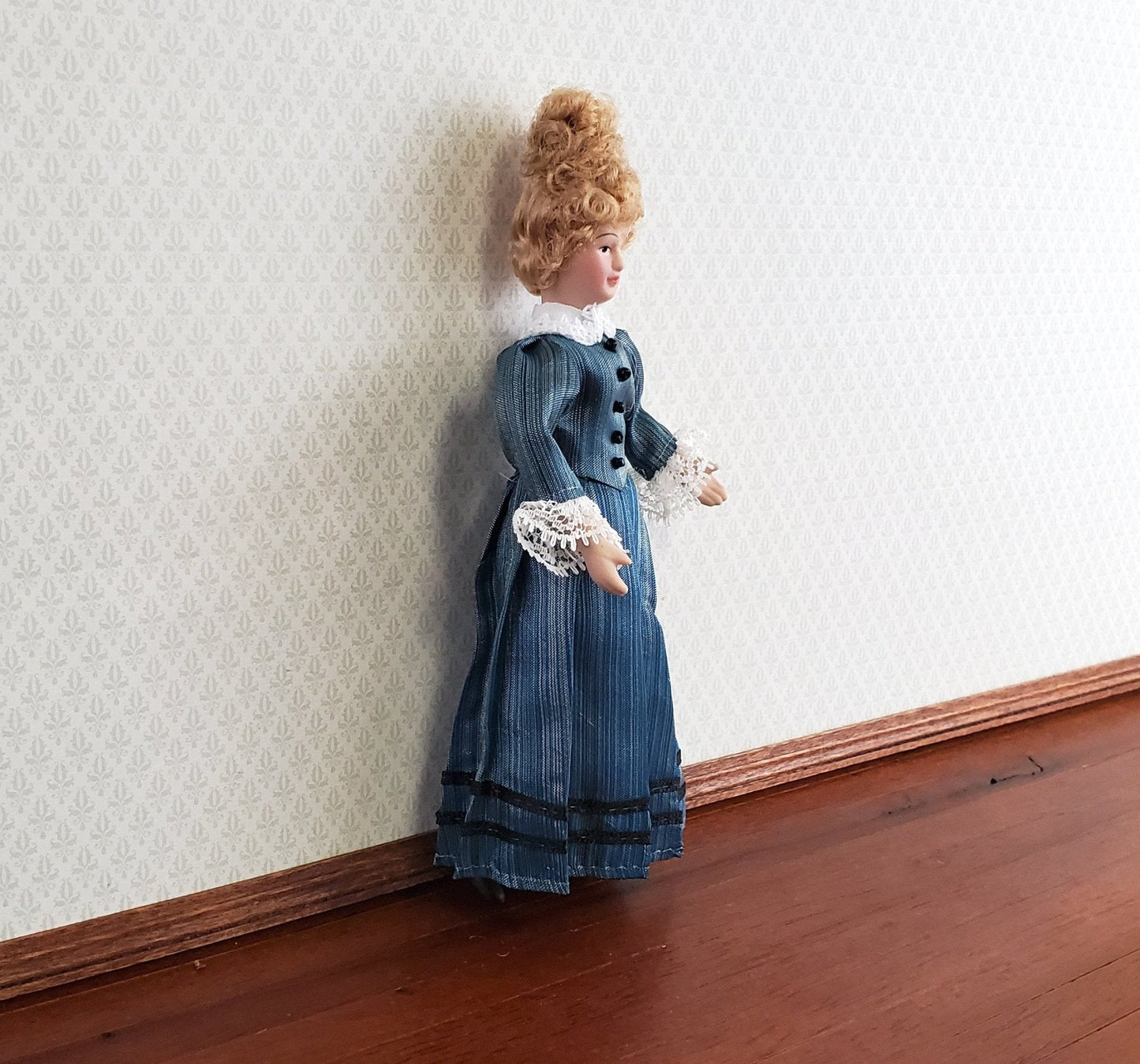 Dollhouse Miniature Victorian Doll Porcelain Poseable Blue Green Dress Lace 1:12 Scale - Miniature Crush