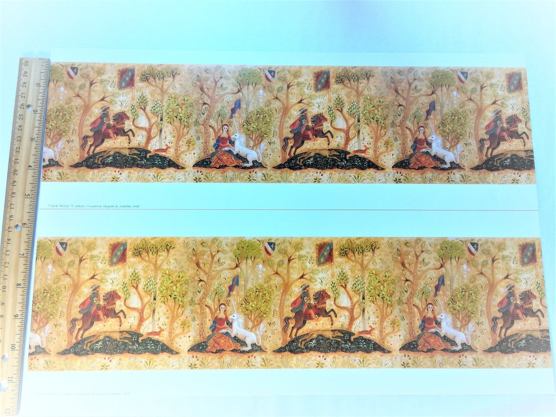 Dollhouse Miniature Wallpaper Tudor Style Frieze 1:12 Scale Unicorn Horse Trees - Miniature Crush