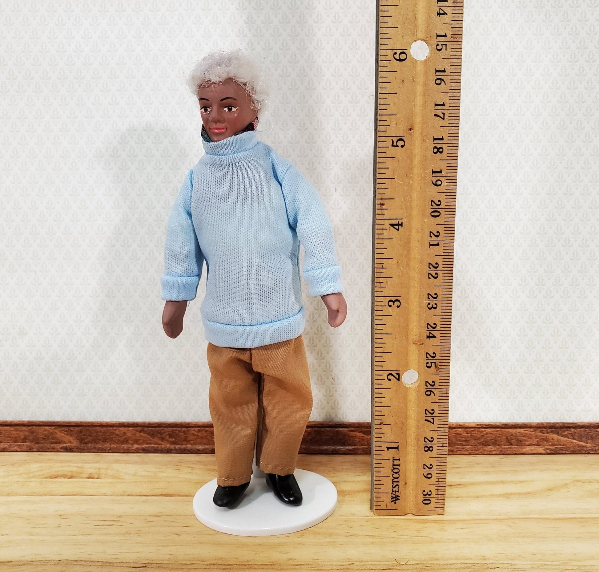 Dollhouse Modern Grandpa Black Brown Doll Grandfather Male Porcelain Poseable 1:12 Scale Miniature - Miniature Crush